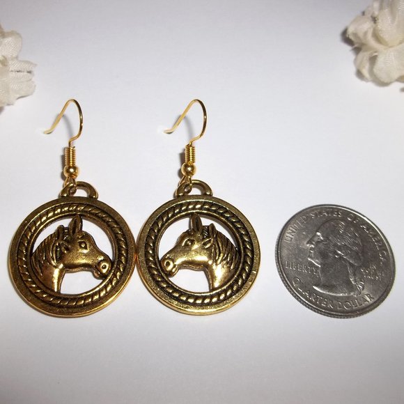 Horse Earrings Dangle Drop Gold Costume Jewelry Western Circle Rope Gift C478 - Picture 2 of 5
